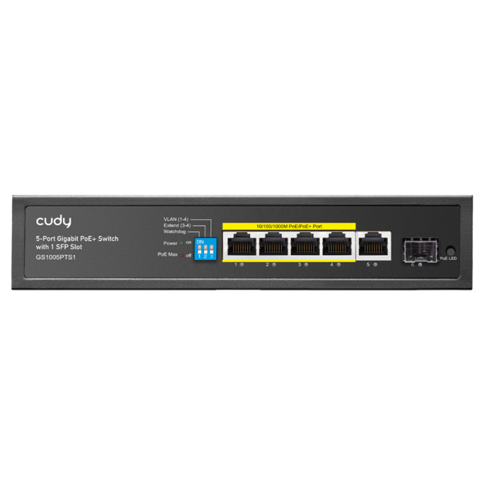 SWITCH CUDY GS1005PTS1 4 PUERTOS GIGABIT POE+ CON 1 UP GIGABIT Y 1 PUERTO SFP+ 120W