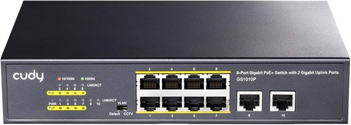 [01060] SWITCH CUDY GS1010P 8 PUERTOS GIGABIT POE + 2 UP GIGABIT 120W