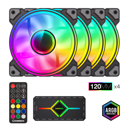 [00353] KIT DE FANES + CONTROLADOR + CONTROL GAMEMAX DRH400 4 EN1 600-1200 RPM ARGB NEGRO 